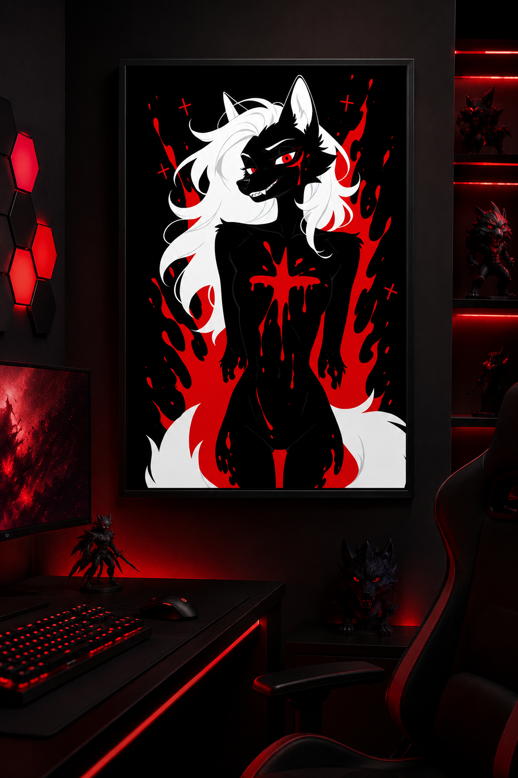Poster dark fantasy Vermeille, louve anthropomorphe noire à la traînée de sang sous l'œil, encadrée de flammes rouges