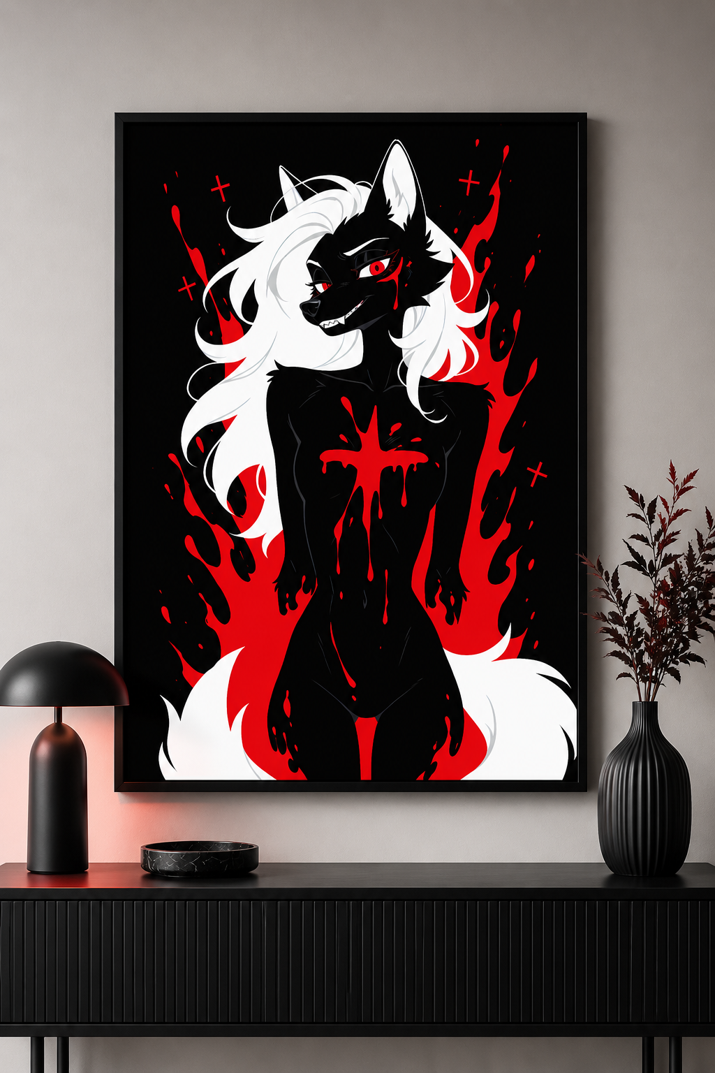 Poster dark fantasy Vermeille, louve anthropomorphe noire à la traînée de sang sous l'œil, encadrée de flammes rouges