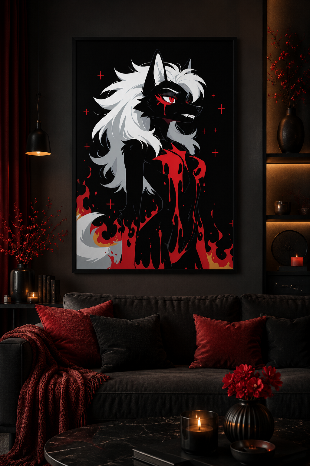 Poster dark fantasy Vermeille, louve anthropomorphe noire au sillage de sang jusqu'à la mâchoire, flammes orangées