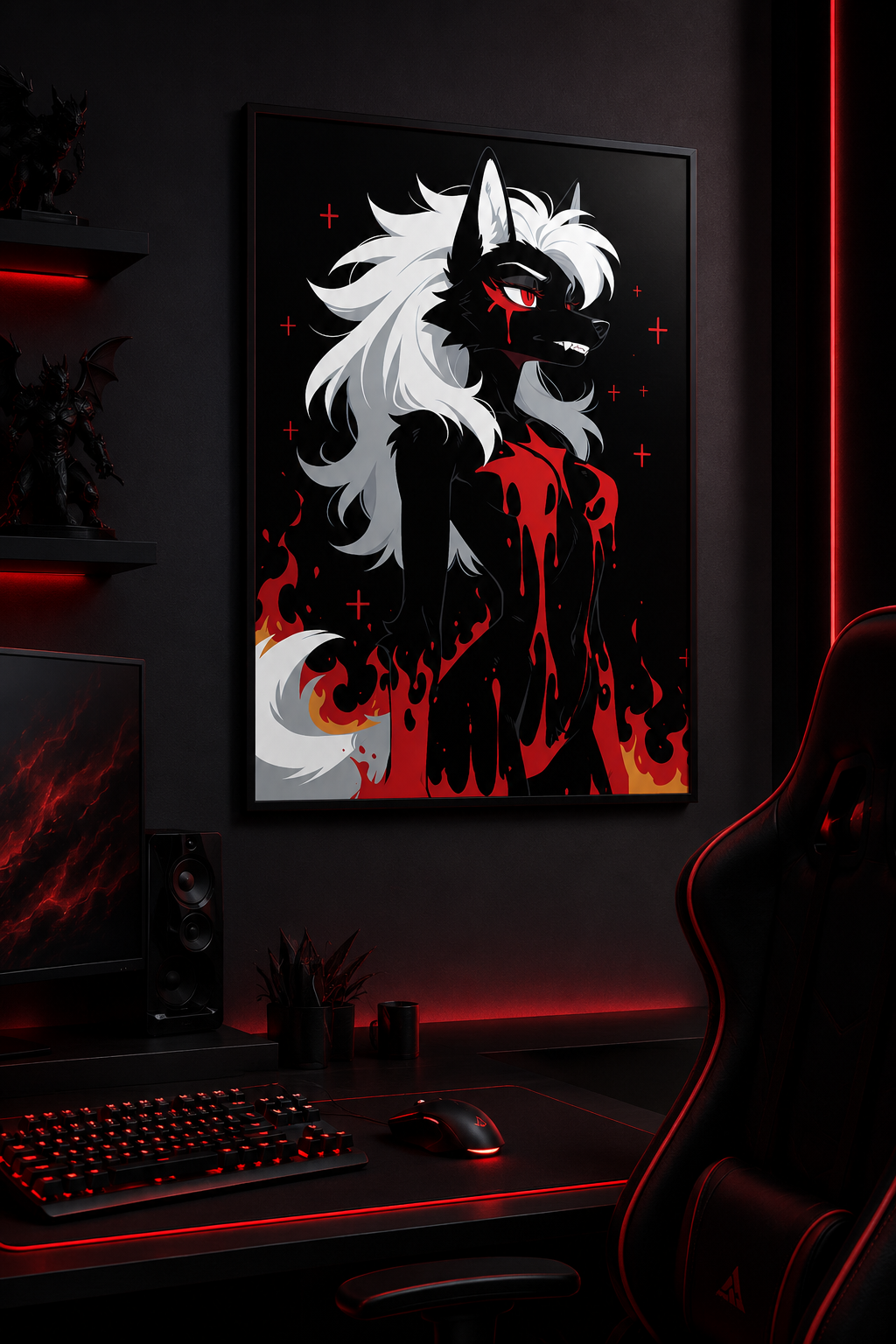 Poster dark fantasy Vermeille, louve anthropomorphe noire au sillage de sang jusqu'à la mâchoire, flammes orangées