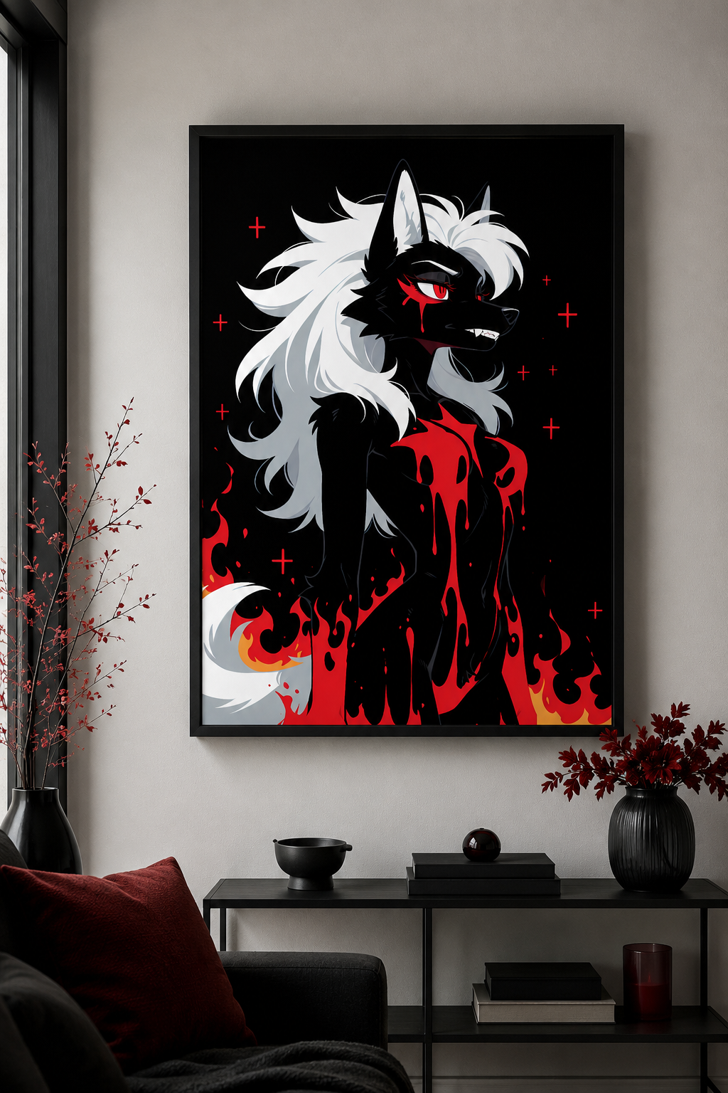 Poster dark fantasy Vermeille, louve anthropomorphe noire au sillage de sang jusqu'à la mâchoire, flammes orangées
