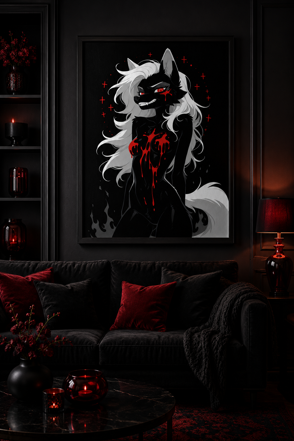 Poster dark fantasy Vermeille, louve anthropomorphe noire entourée d'un cercle de croix rouges, longue traînée de sang