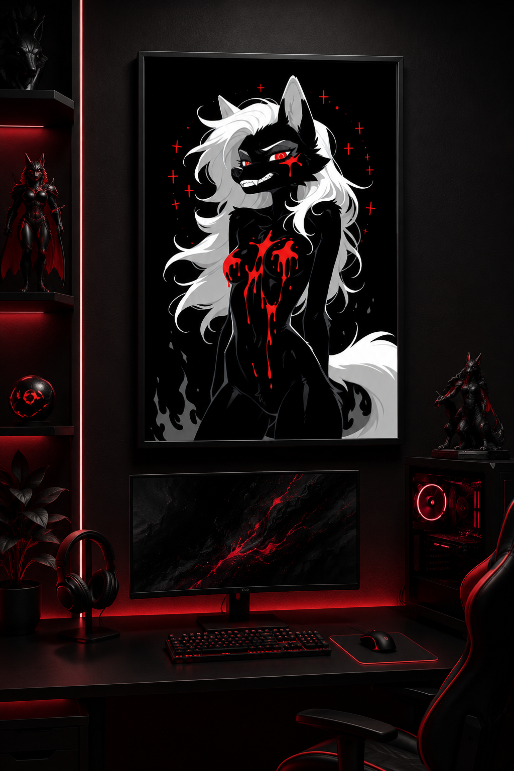Poster dark fantasy Vermeille, louve anthropomorphe noire entourée d'un cercle de croix rouges, longue traînée de sang