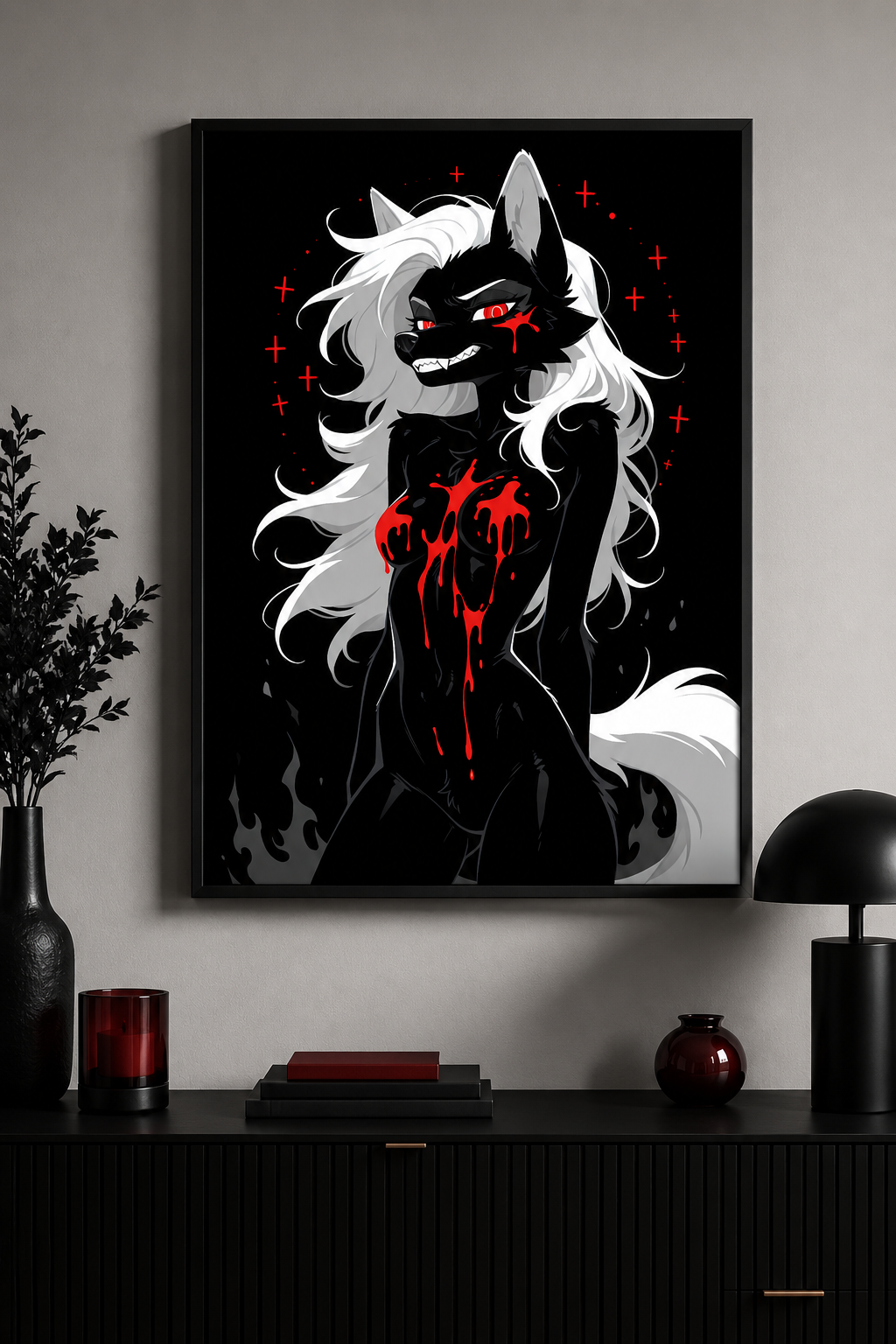 Poster dark fantasy Vermeille, louve anthropomorphe noire entourée d'un cercle de croix rouges, longue traînée de sang