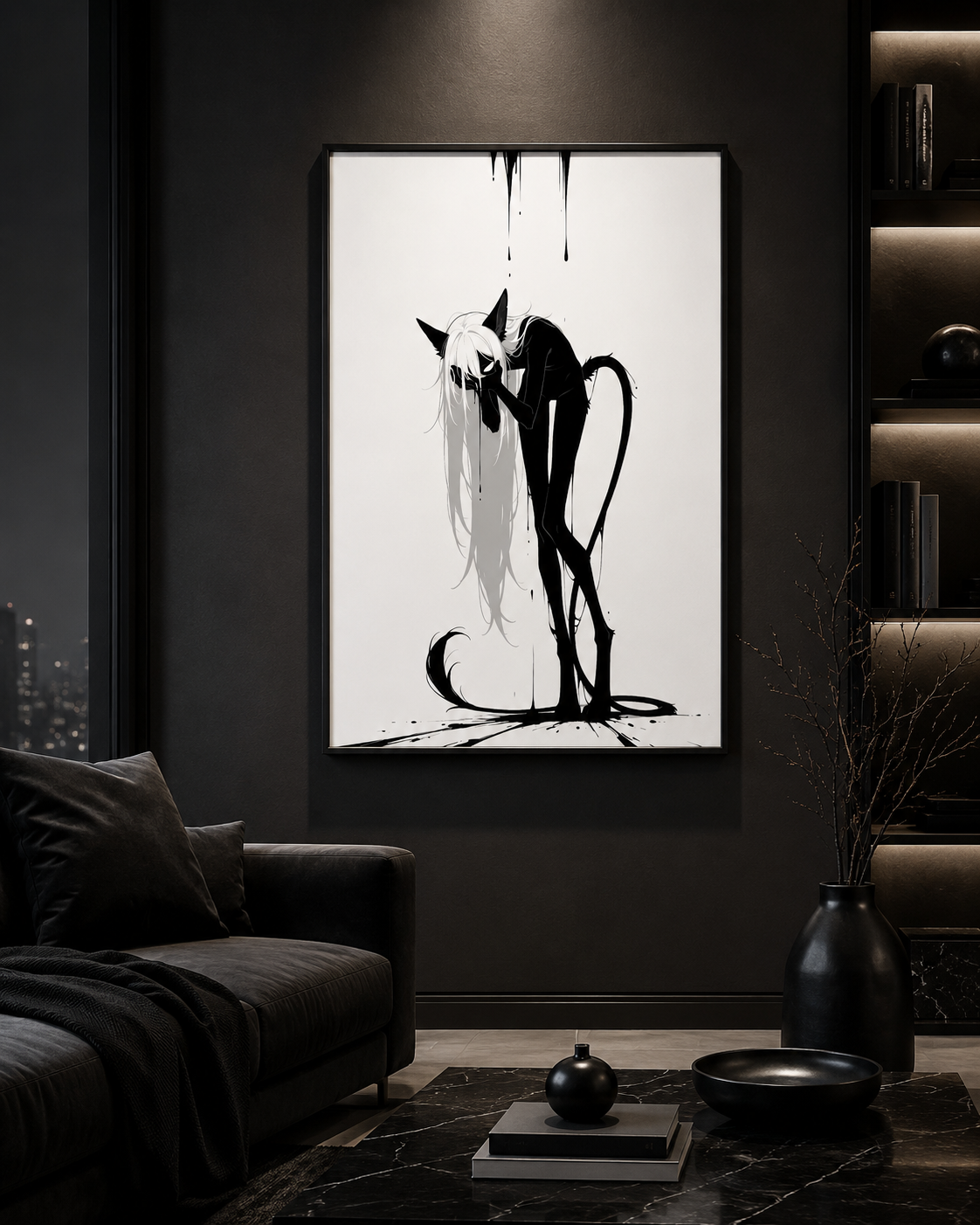 Affiche dark fantasy Écholane, louve anthropomorphe noir et blanc, main plaquée contre le visage, encre ruisselante, collection Les silences qu'on porte