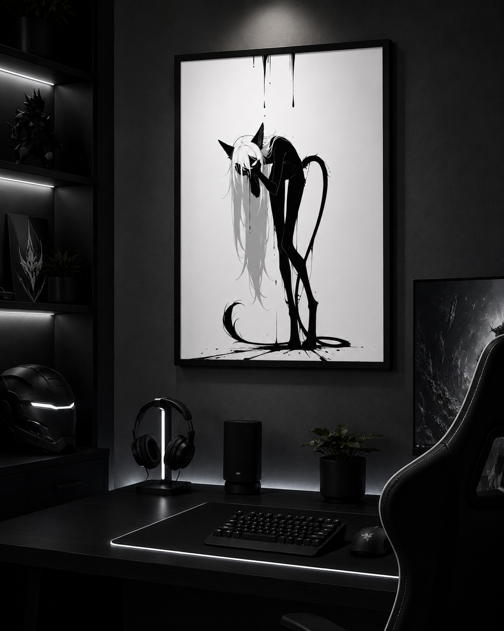 Affiche dark fantasy Écholane, louve anthropomorphe noir et blanc, main plaquée contre le visage, encre ruisselante, collection Les silences qu'on porte