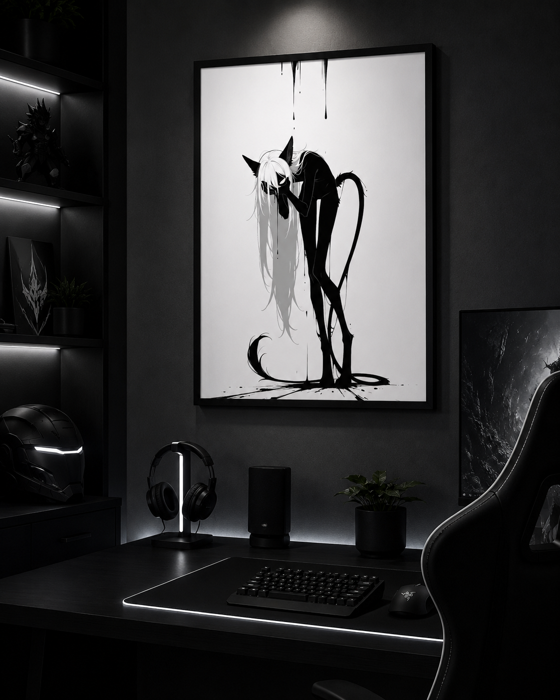 Affiche dark fantasy Écholane, louve anthropomorphe noir et blanc, main plaquée contre le visage, encre ruisselante, collection Les silences qu'on porte