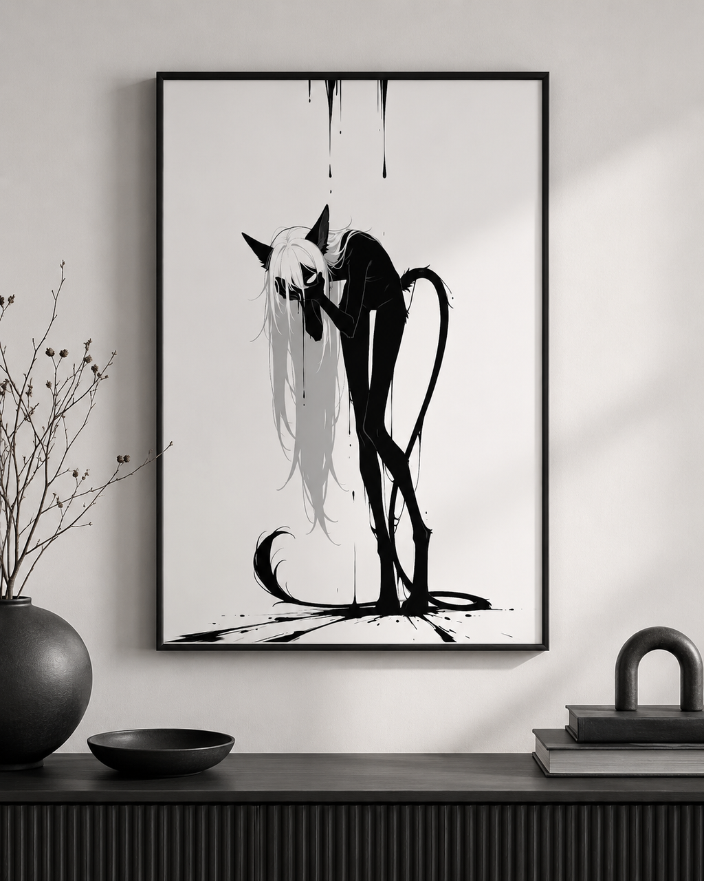 Affiche dark fantasy Écholane, louve anthropomorphe noir et blanc, main plaquée contre le visage, encre ruisselante, collection Les silences qu'on porte