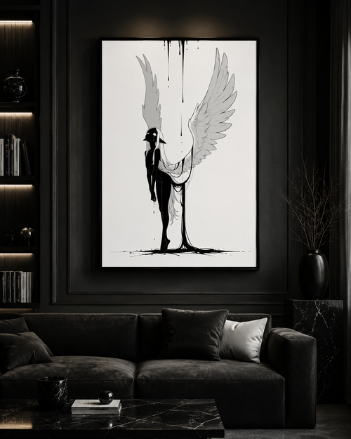 Affiche dark fantasy Adieva, cygne anthropomorphe noir et blanc, ailes grandes ouvertes, encre ruisselante, collection Les silences qu'on porte