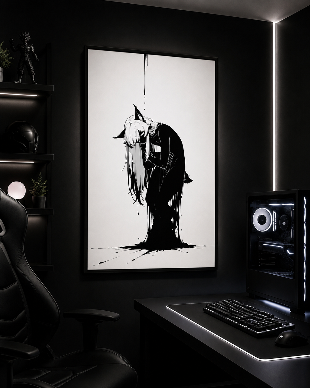 Affiche dark fantasy Lucidia, lynx anthropomorphe noir et blanc, repliée sur elle-même, corps se dissolvant en encre, collection Les silences qu'on porte