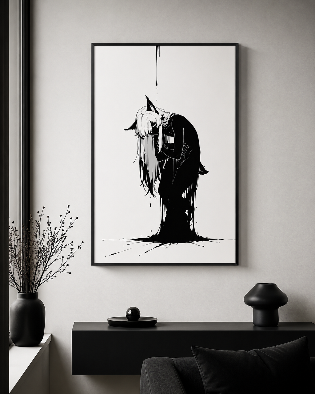 Affiche dark fantasy Lucidia, lynx anthropomorphe noir et blanc, repliée sur elle-même, corps se dissolvant en encre, collection Les silences qu'on porte