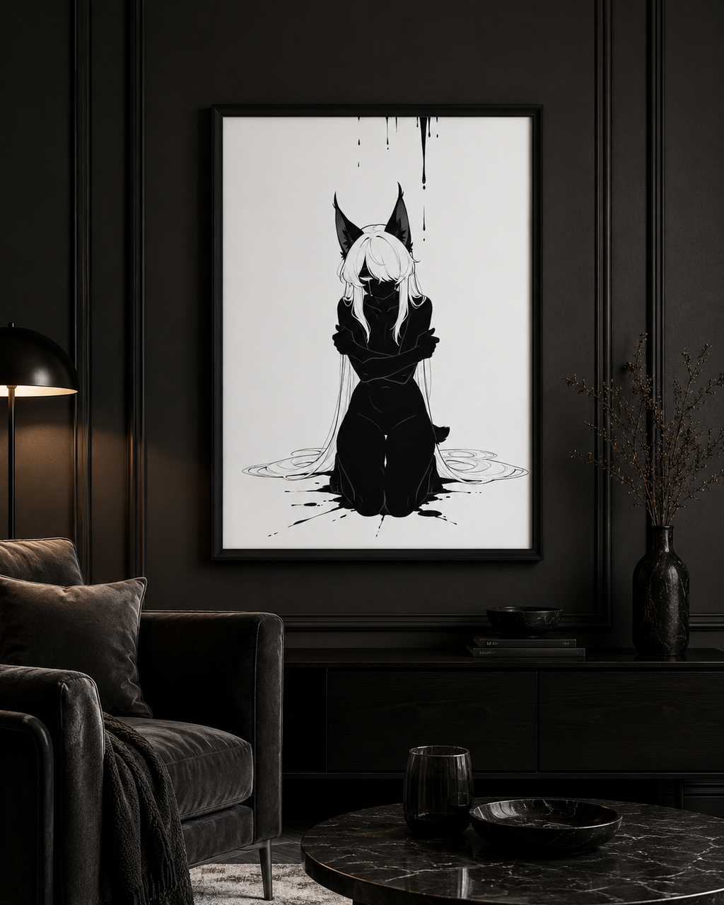 Affiche dark fantasy Lucidia, lynx anthropomorphe noir et blanc, agenouillée, bras croisés, encre en cercles au sol, collection Les silences qu'on porte