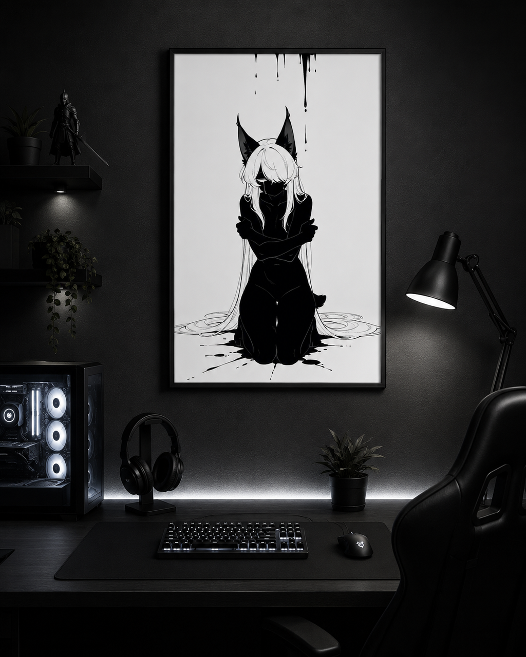 Affiche dark fantasy Lucidia, lynx anthropomorphe noir et blanc, agenouillée, bras croisés, encre en cercles au sol, collection Les silences qu'on porte