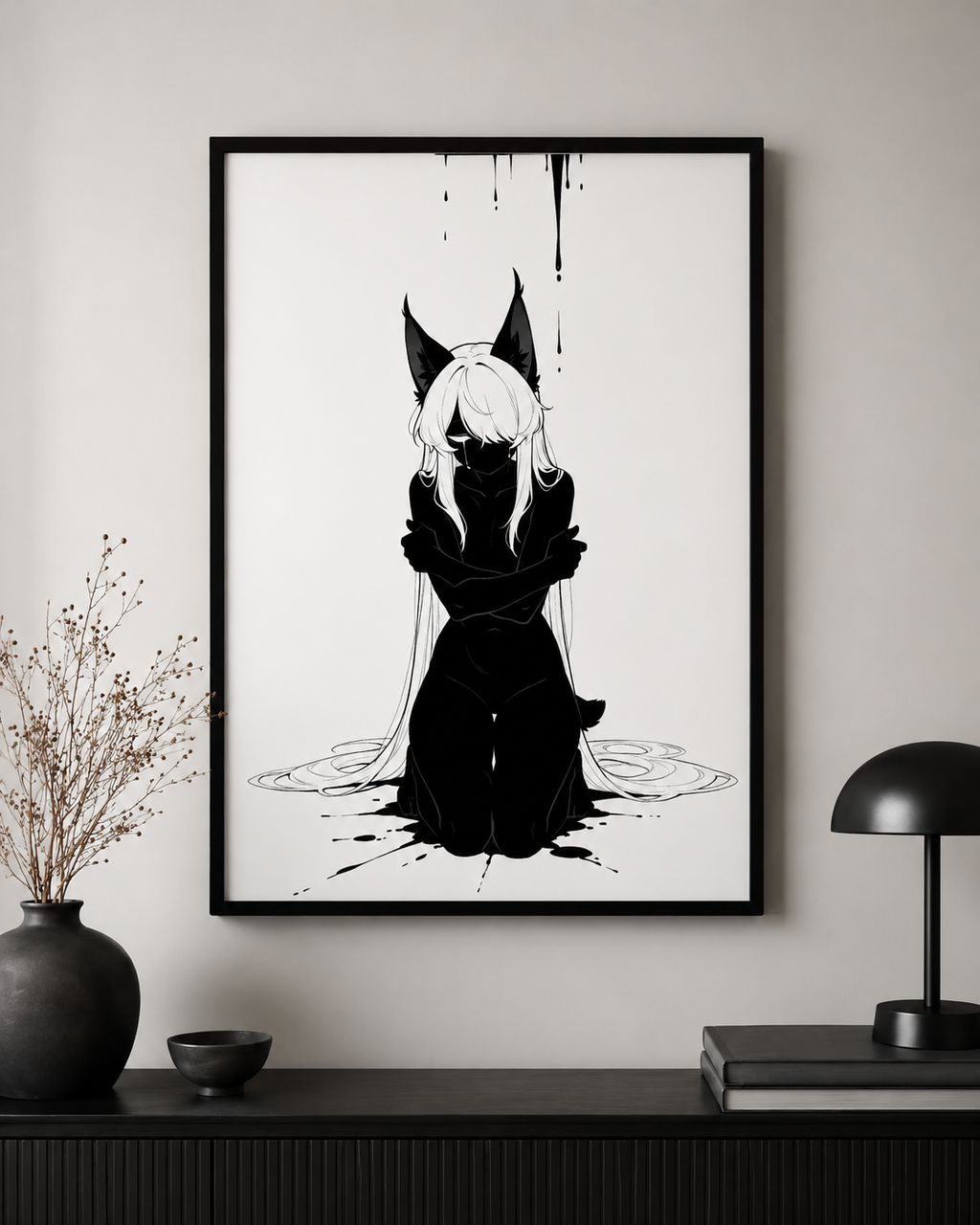 Affiche dark fantasy Lucidia, lynx anthropomorphe noir et blanc, agenouillée, bras croisés, encre en cercles au sol, collection Les silences qu'on porte