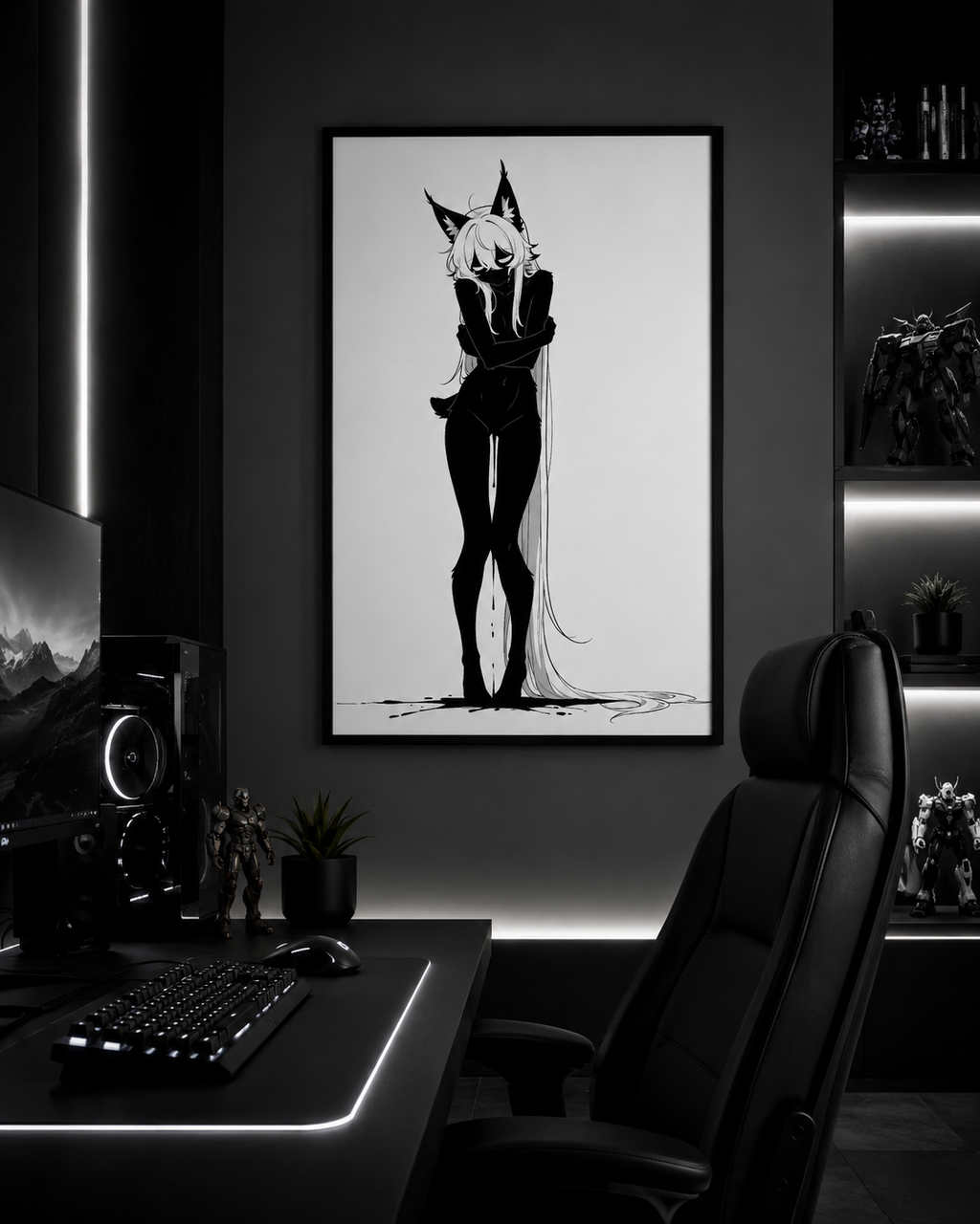 Affiche dark fantasy Lucidia, lynx anthropomorphe noir et blanc, debout, bras croisés, fil d'encre au sol, collection Les silences qu'on porte
