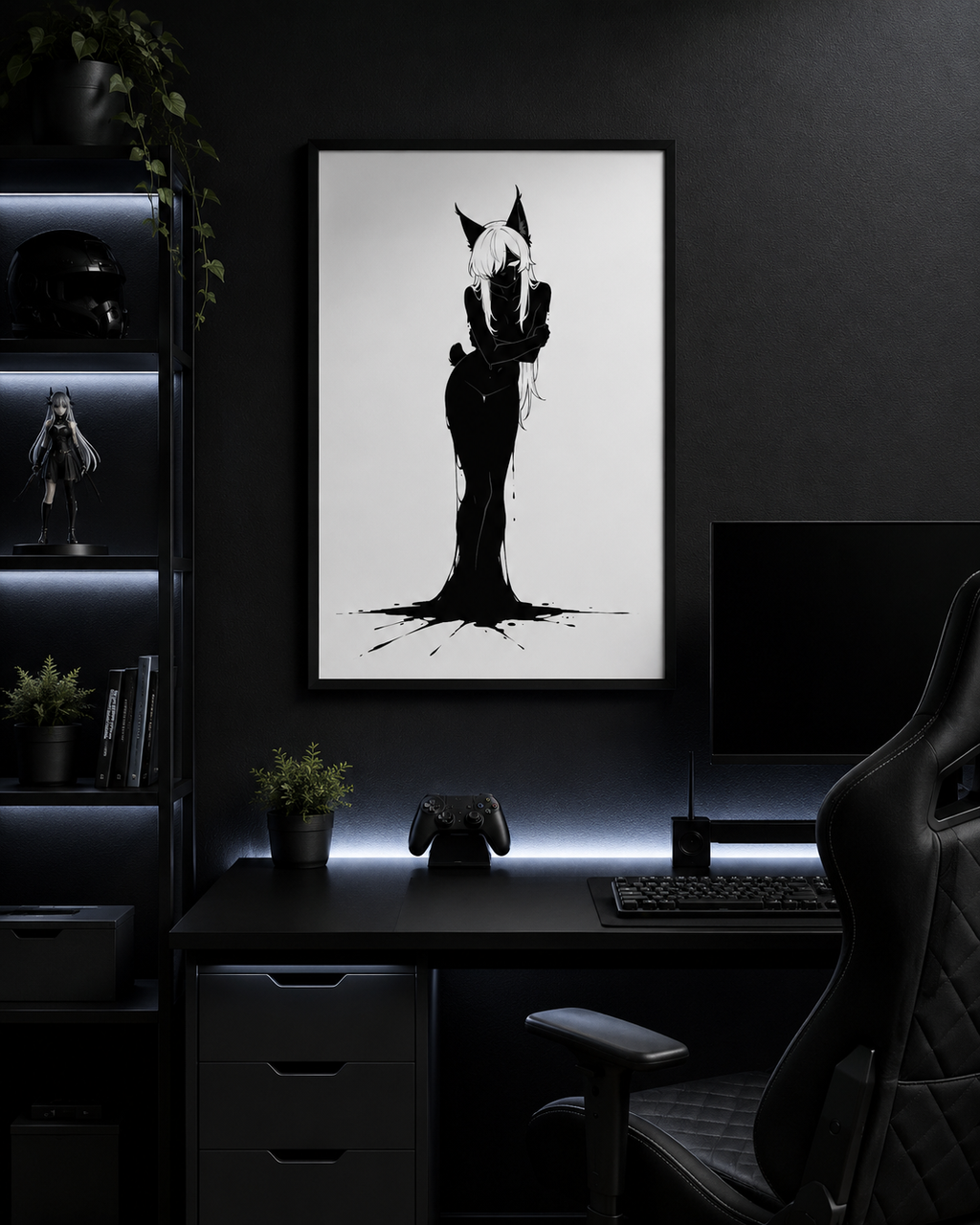 Affiche dark fantasy Lucidia, lynx anthropomorphe noir et blanc, penchée, bras croisés, encre éclaboussée au sol, collection Les silences qu'on porte