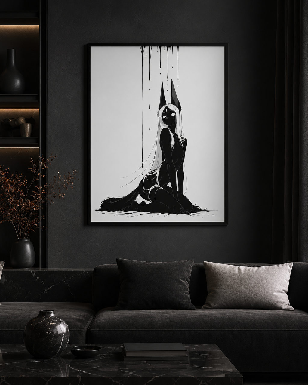 Affiche dark fantasy Limène, chacal anthropomorphe noir et blanc, agenouillée regard par-dessus l'épaule