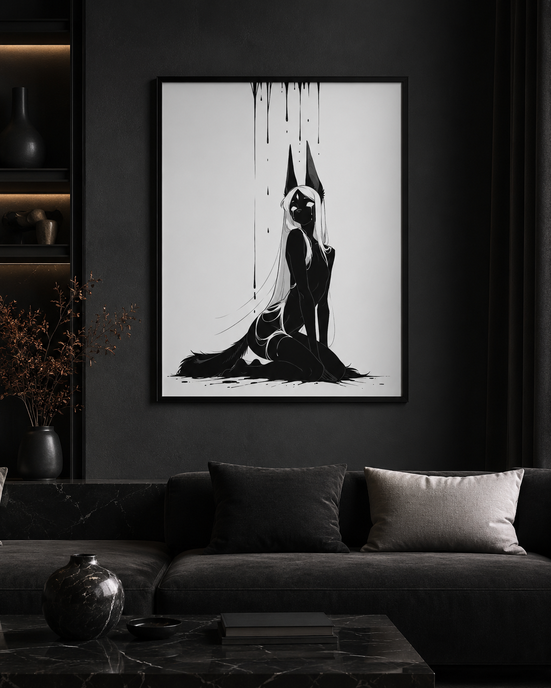Affiche dark fantasy Limène, chacal anthropomorphe noir et blanc, agenouillée regard par-dessus l'épaule