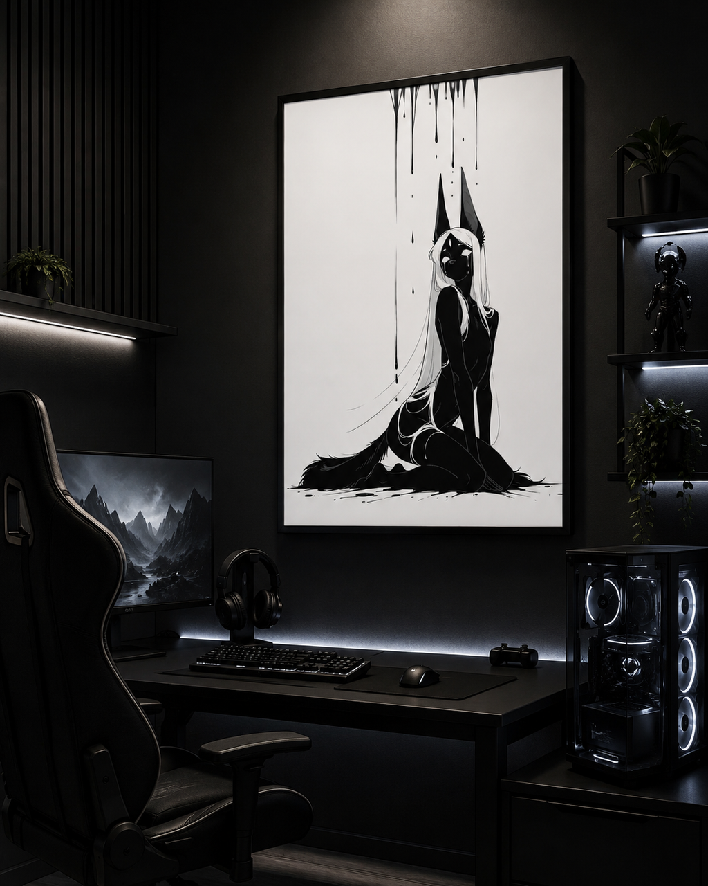 Affiche dark fantasy Limène, chacal anthropomorphe noir et blanc, agenouillée regard par-dessus l'épaule