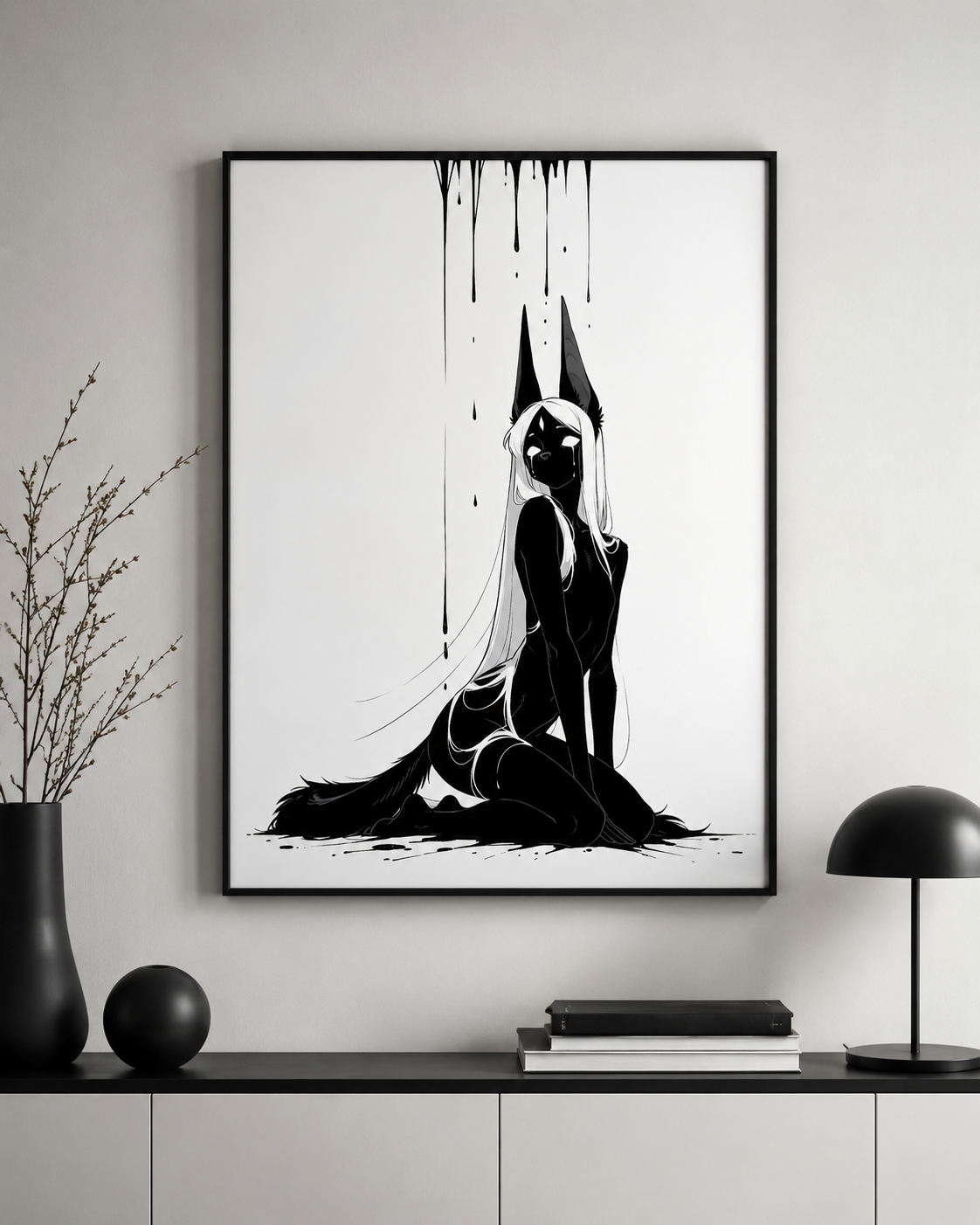 Affiche dark fantasy Limène, chacal anthropomorphe noir et blanc, agenouillée regard par-dessus l'épaule