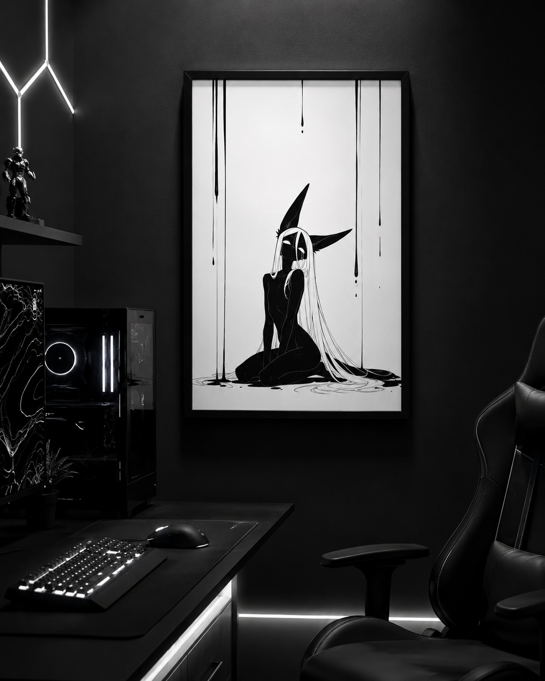 Affiche dark fantasy Limène, chacal anthropomorphe noir et blanc, agenouillée de dos sous des rideaux d'encre