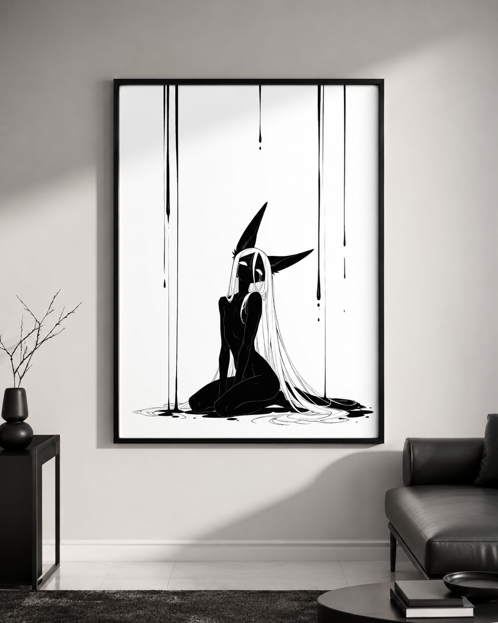 Affiche dark fantasy Limène, chacal anthropomorphe noir et blanc, agenouillée de dos sous des rideaux d'encre