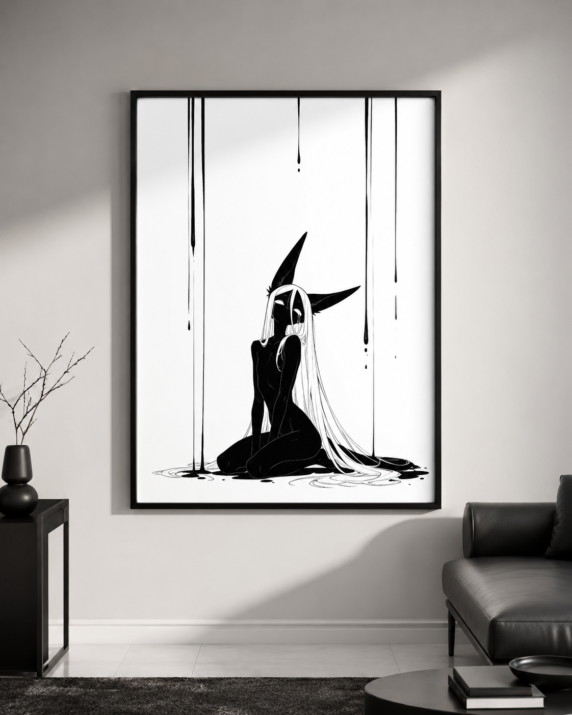 Affiche dark fantasy Limène, chacal anthropomorphe noir et blanc, agenouillée de dos sous des rideaux d'encre