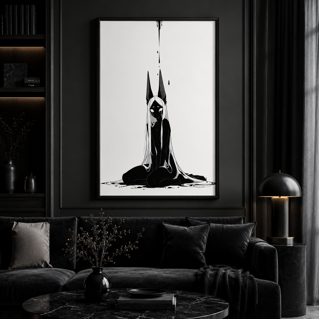 Affiche dark fantasy Limène, chacal anthropomorphe noir et blanc, visage découvert avec deux larmes