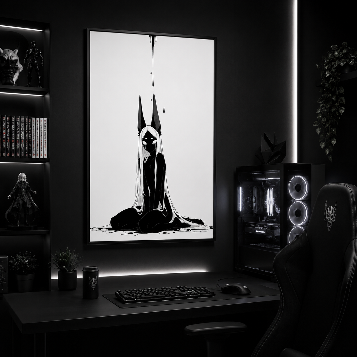 Affiche dark fantasy Limène, chacal anthropomorphe noir et blanc, visage découvert avec deux larmes