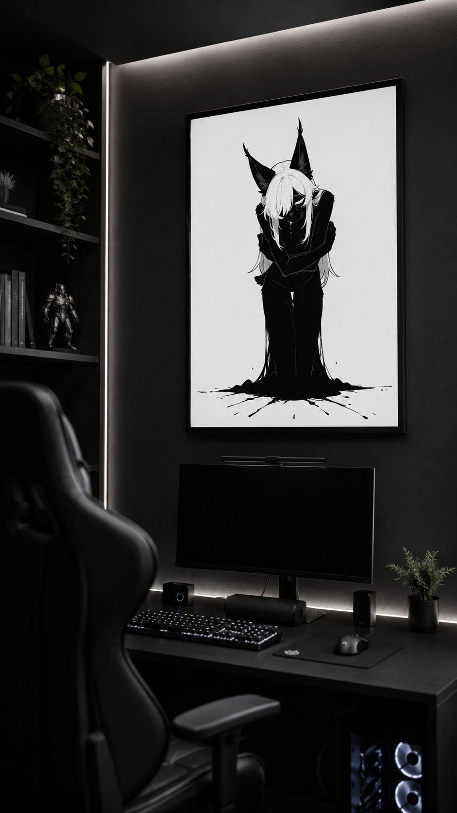 Affiche dark fantasy Lucidia, lynx anthropomorphe noir et blanc, bras croisés sur elle-même sous des oreilles dressées, collection Les silences qu'on porte
