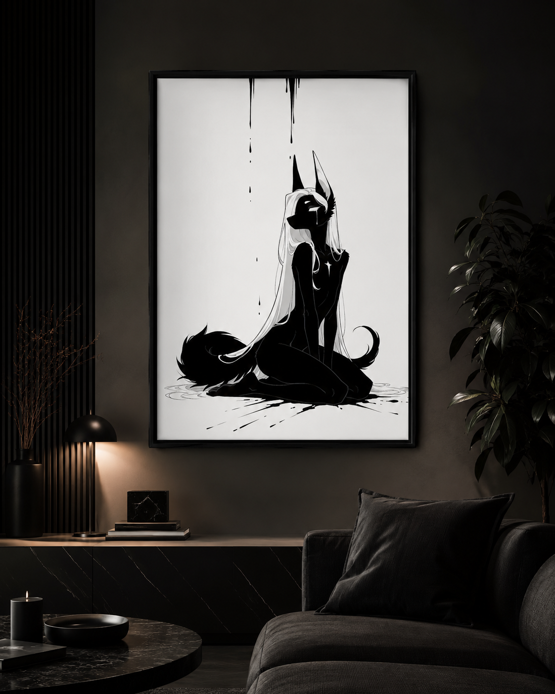 Affiche dark fantasy Limène, chacal anthropomorphe noir et blanc agenouillé les yeux clos, une larme sur le masque noir, collection Les silences qu'on porte