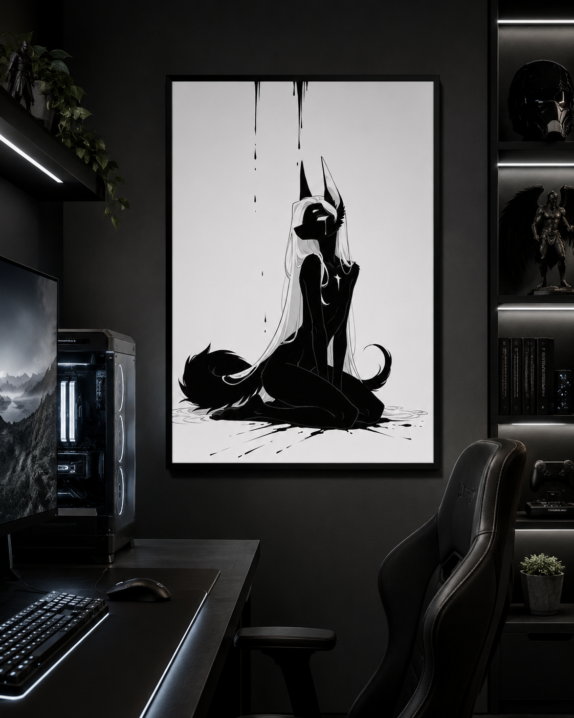 Affiche dark fantasy Limène, chacal anthropomorphe noir et blanc agenouillé les yeux clos, une larme sur le masque noir, collection Les silences qu'on porte