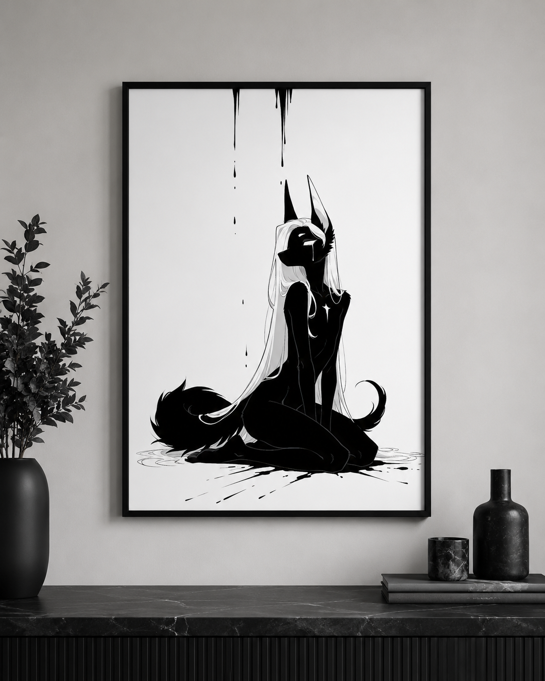 Affiche dark fantasy Limène, chacal anthropomorphe noir et blanc agenouillé les yeux clos, une larme sur le masque noir, collection Les silences qu'on porte