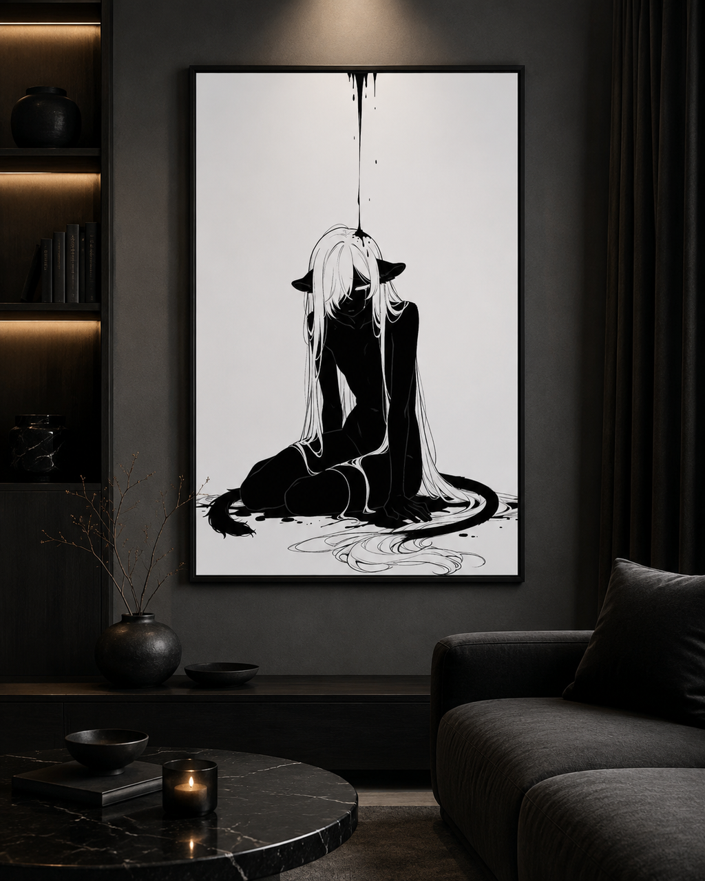 Affiche dark fantasy Ternelle, lionne anthropomorphe noir et blanc effondrée à genoux, tête basse, cheveux blancs au sol, collection Les silences qu'on porte