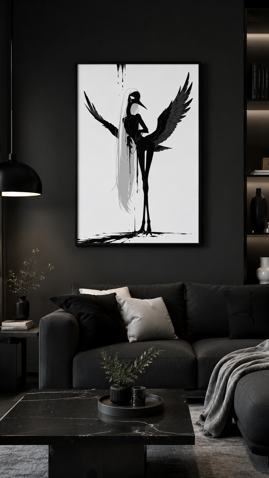 Affiche dark fantasy Attendrie, grue anthropomorphe noir et blanc, aile grande ouverte vers le ciel, regard de profil, collection Les silences qu'on porte