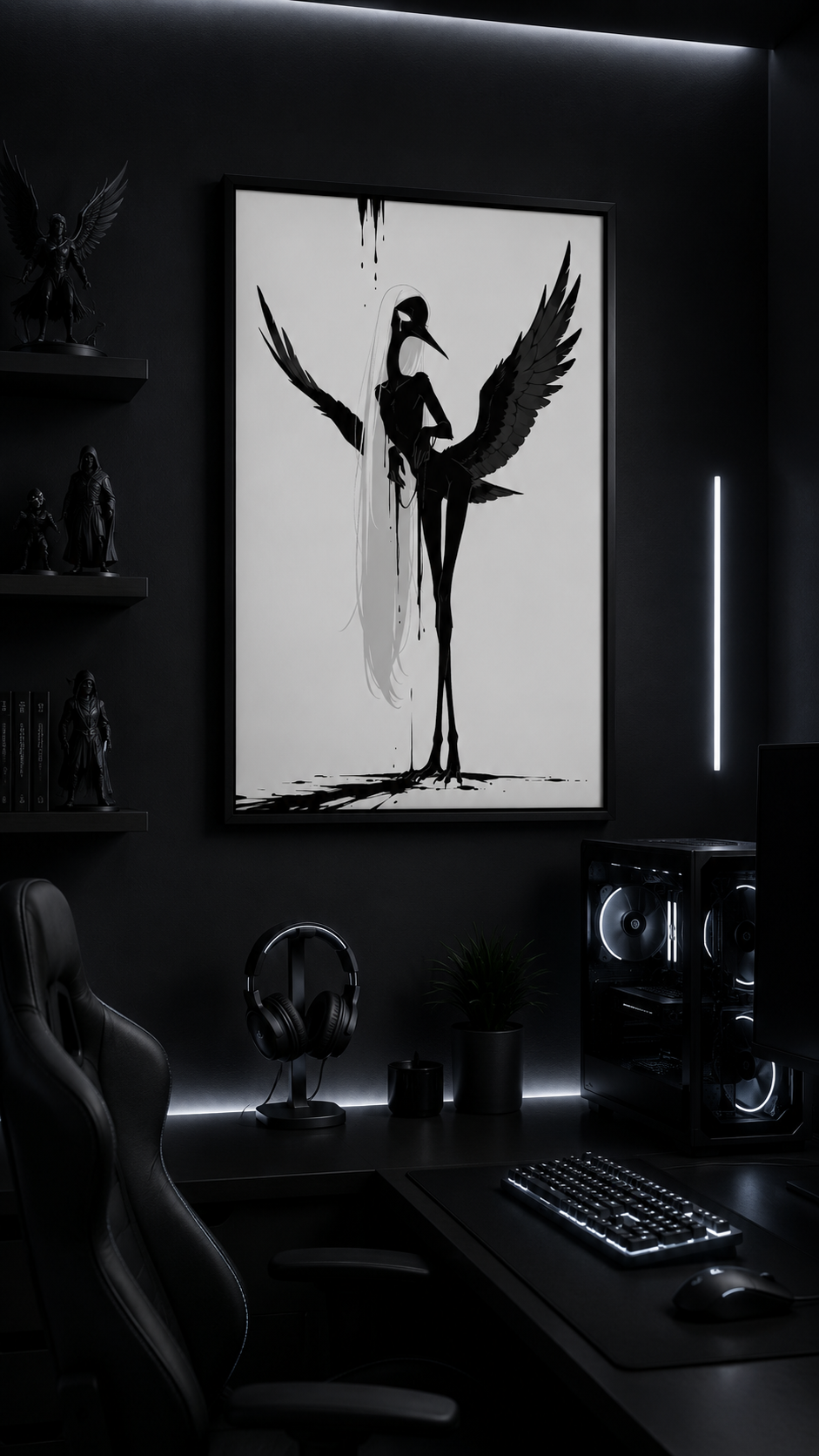 Affiche dark fantasy Attendrie, grue anthropomorphe noir et blanc, aile grande ouverte vers le ciel, regard de profil, collection Les silences qu'on porte