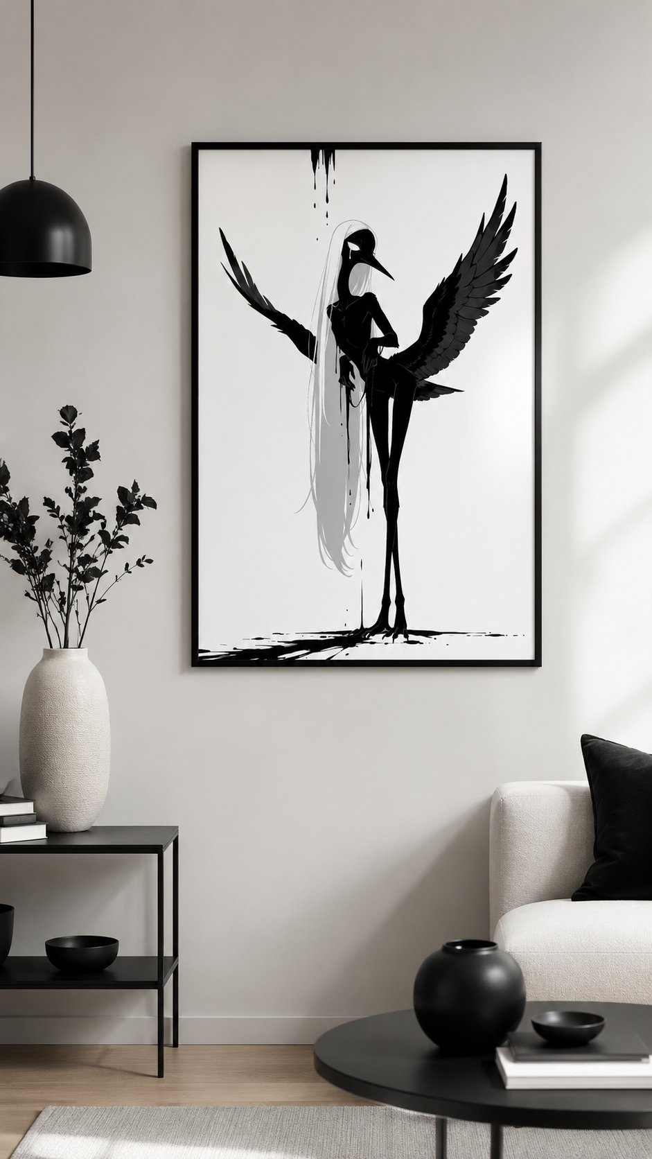 Affiche dark fantasy Attendrie, grue anthropomorphe noir et blanc, aile grande ouverte vers le ciel, regard de profil, collection Les silences qu'on porte