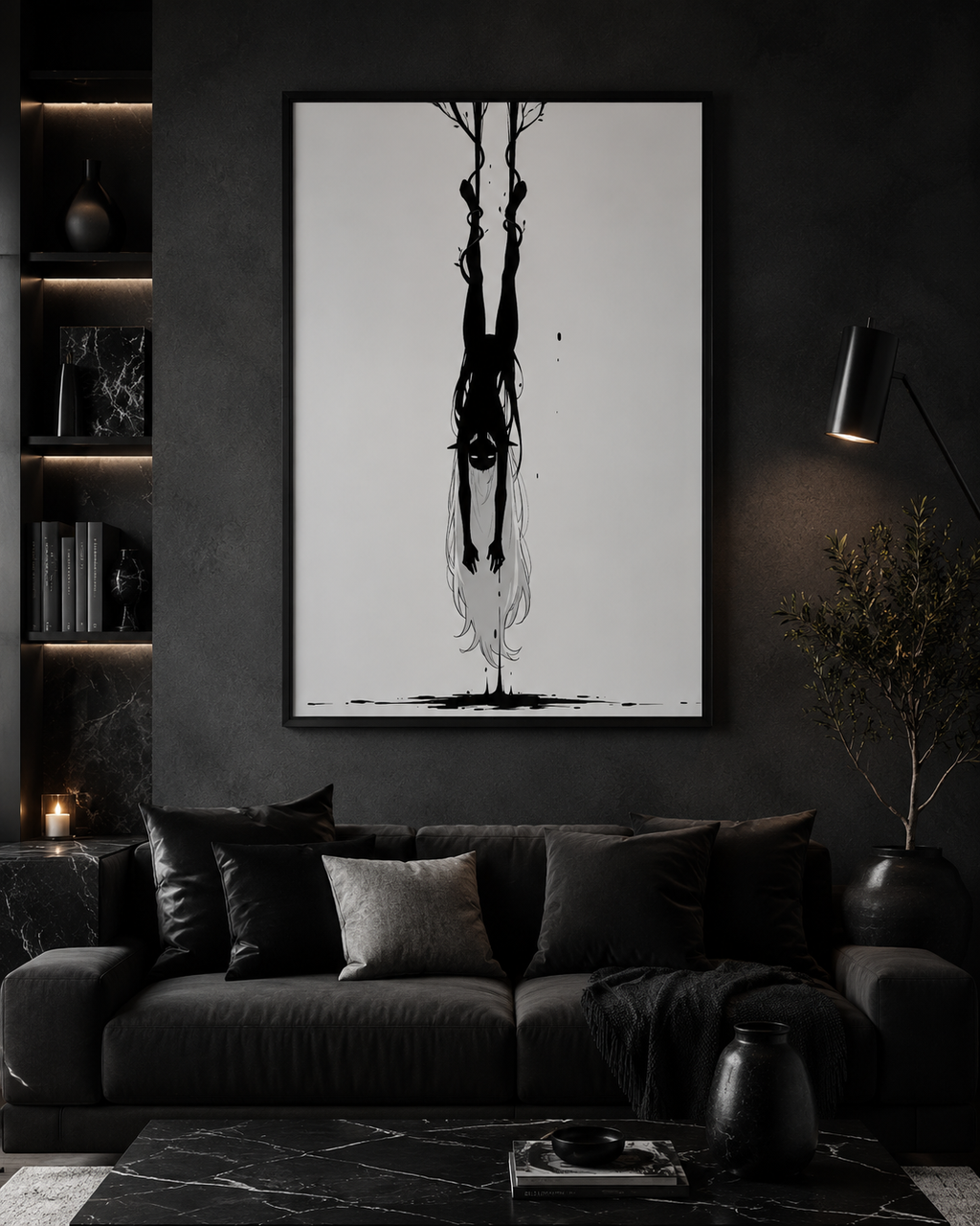 Affiche dark fantasy Abyssia, pieuvre anthropomorphe noir et blanc suspendue tête en bas, chevilles prises dans des lianes, collection Les silences qu'on porte