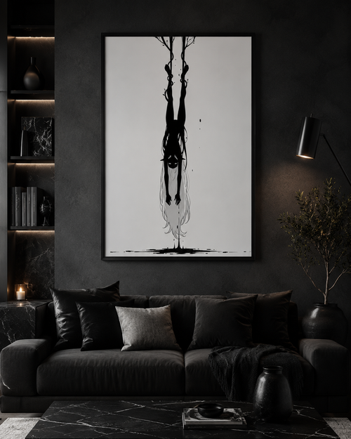 Affiche dark fantasy Abyssia, pieuvre anthropomorphe noir et blanc suspendue tête en bas, chevilles prises dans des lianes, collection Les silences qu'on porte