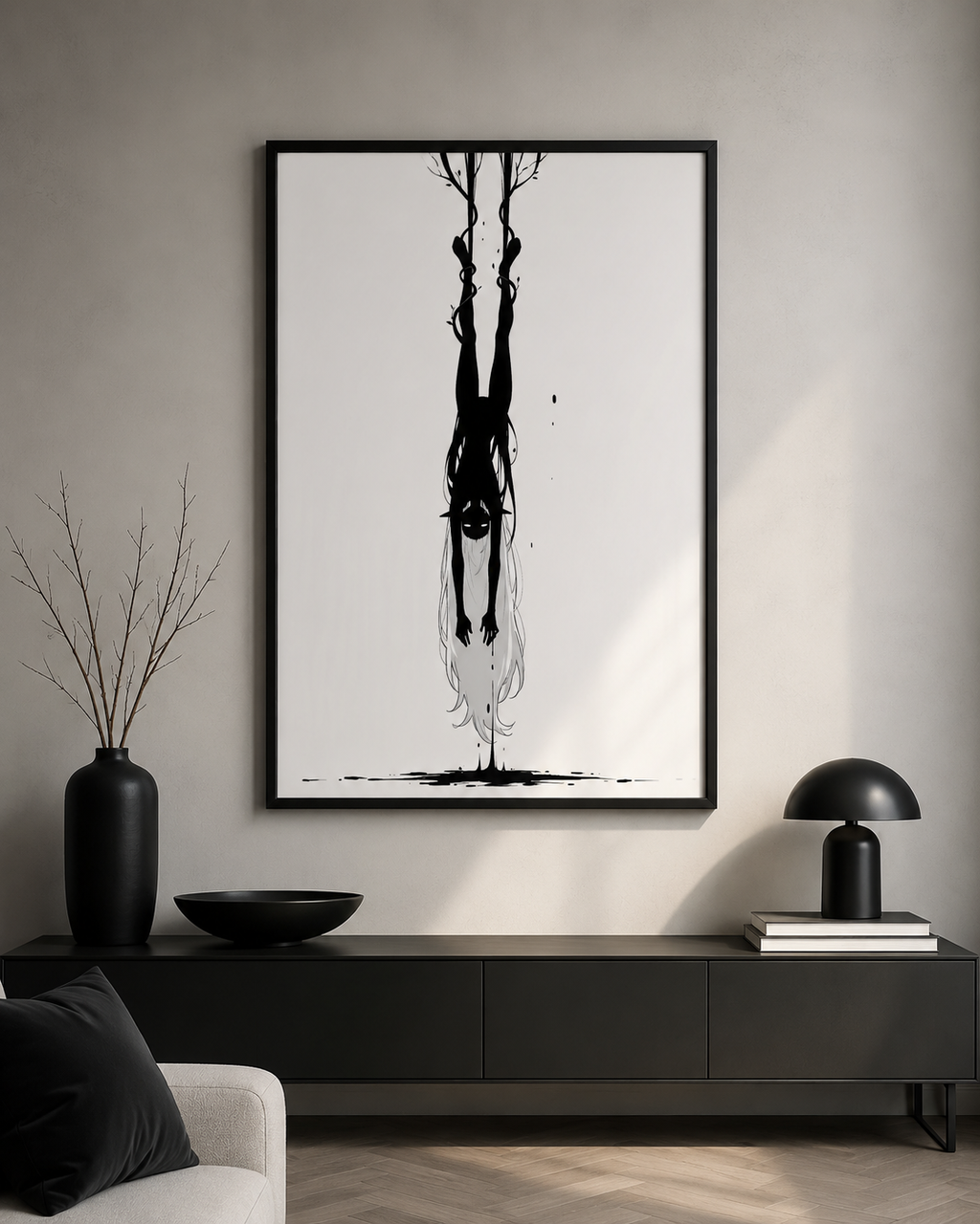 Affiche dark fantasy Abyssia, pieuvre anthropomorphe noir et blanc suspendue tête en bas, chevilles prises dans des lianes, collection Les silences qu'on porte