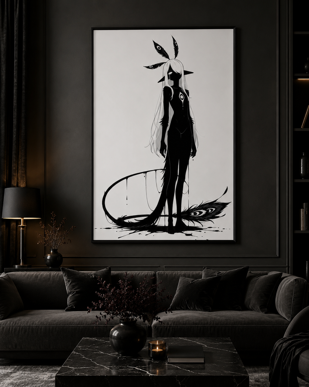 Affiche dark fantasy Pâlore, paon anthropomorphe noir et blanc, parure de plumes, larme et traine de plumes au sol, collection Les silences qu'on porte
