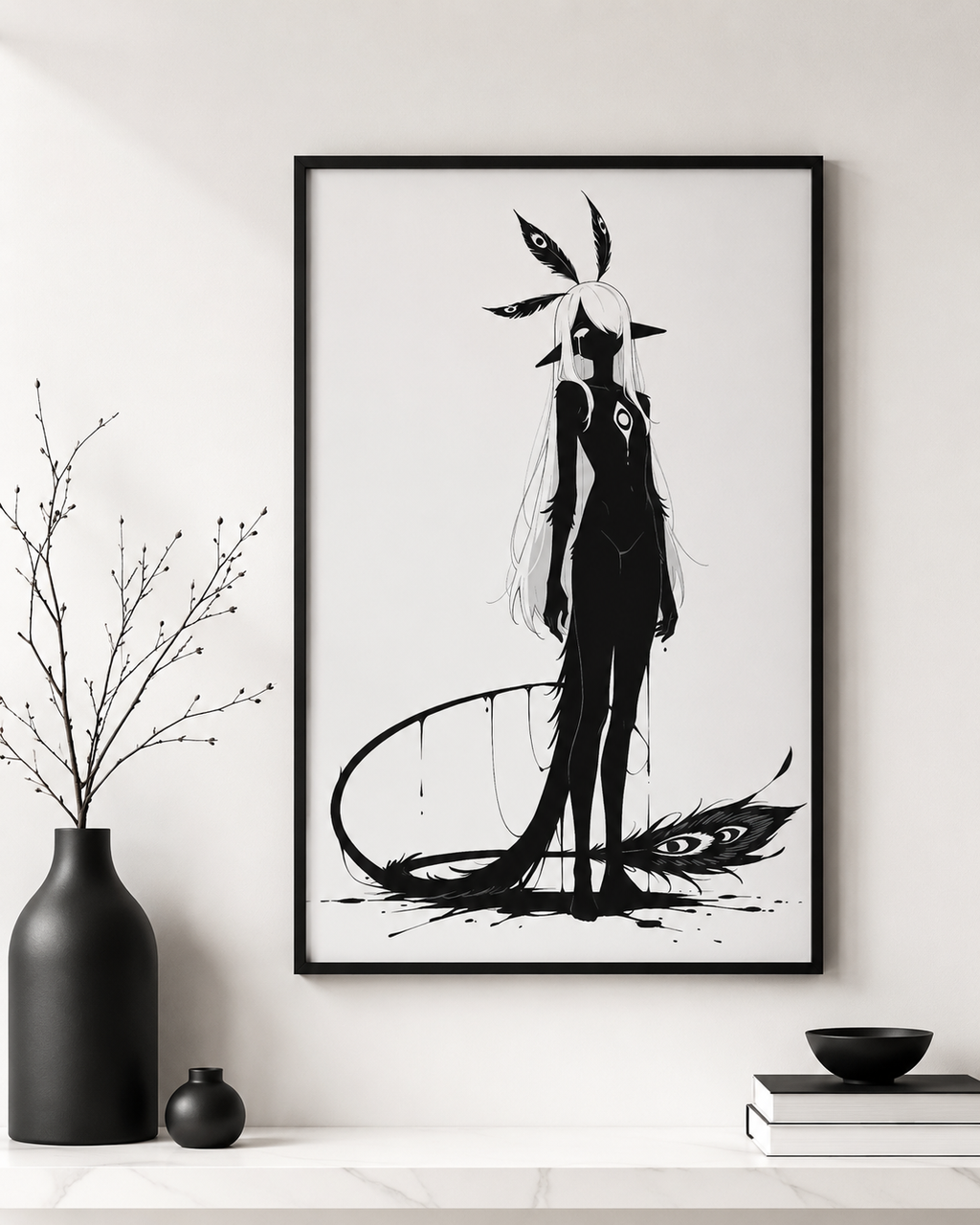 Affiche dark fantasy Pâlore, paon anthropomorphe noir et blanc, parure de plumes, larme et traine de plumes au sol, collection Les silences qu'on porte