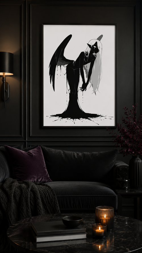 Affiche dark fantasy Adieva, cygne anthropomorphe noir et blanc, corps cambré en arrière, aile noire déployée, collection Les silences qu'on porte