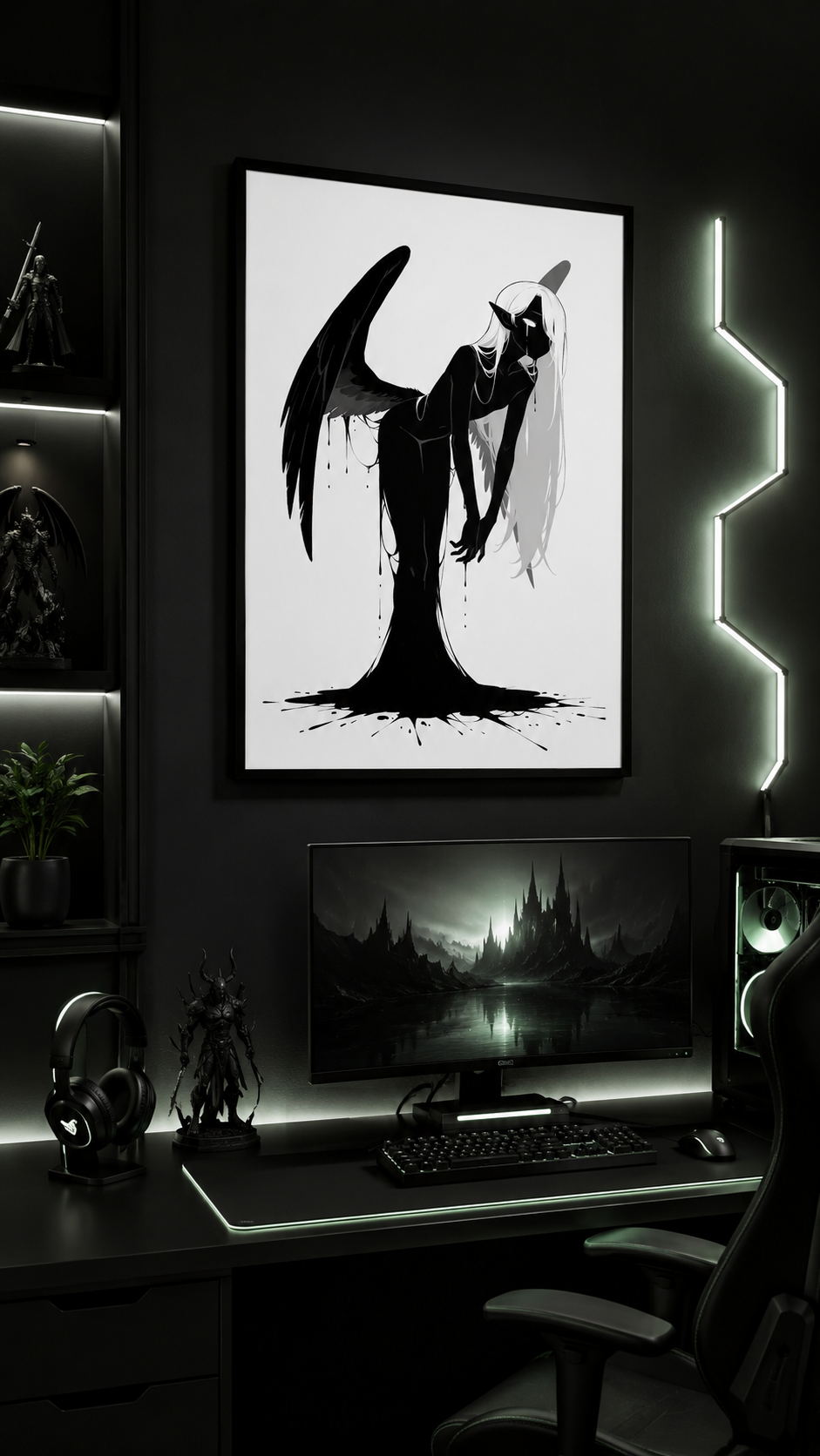 Affiche dark fantasy Adieva, cygne anthropomorphe noir et blanc, corps cambré en arrière, aile noire déployée, collection Les silences qu'on porte