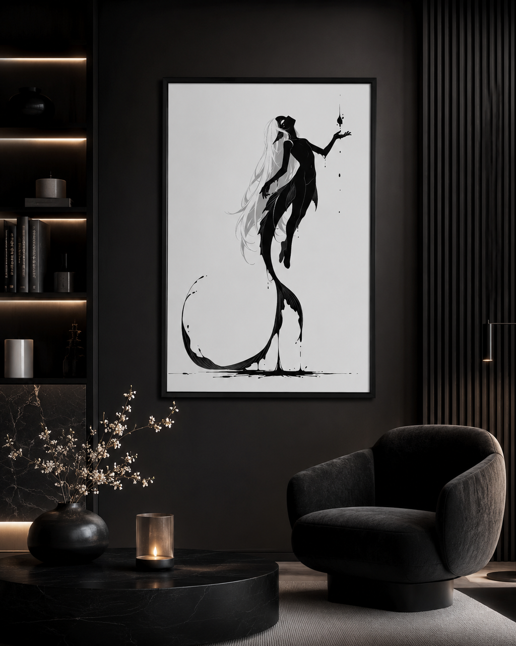 Affiche dark fantasy Sourdine, koï anthropomorphe noir et blanc flottant, bras tendu vers une goutte d'encre, longue nageoire, collection Les silences qu'on porte