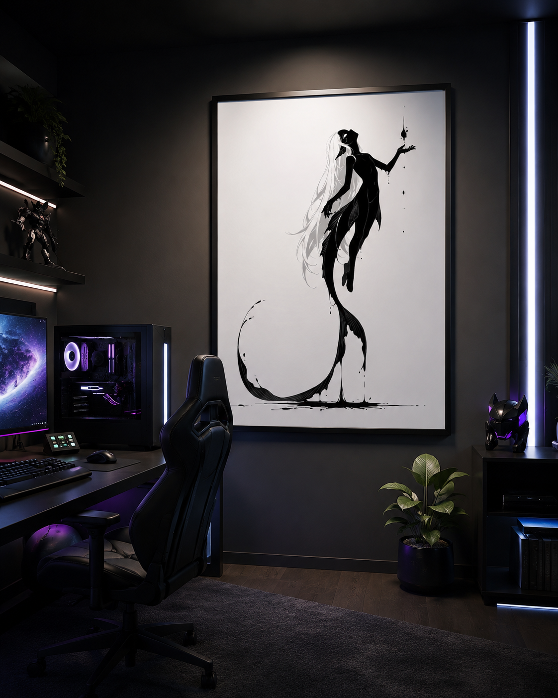 Affiche dark fantasy Sourdine, koï anthropomorphe noir et blanc flottant, bras tendu vers une goutte d'encre, longue nageoire, collection Les silences qu'on porte