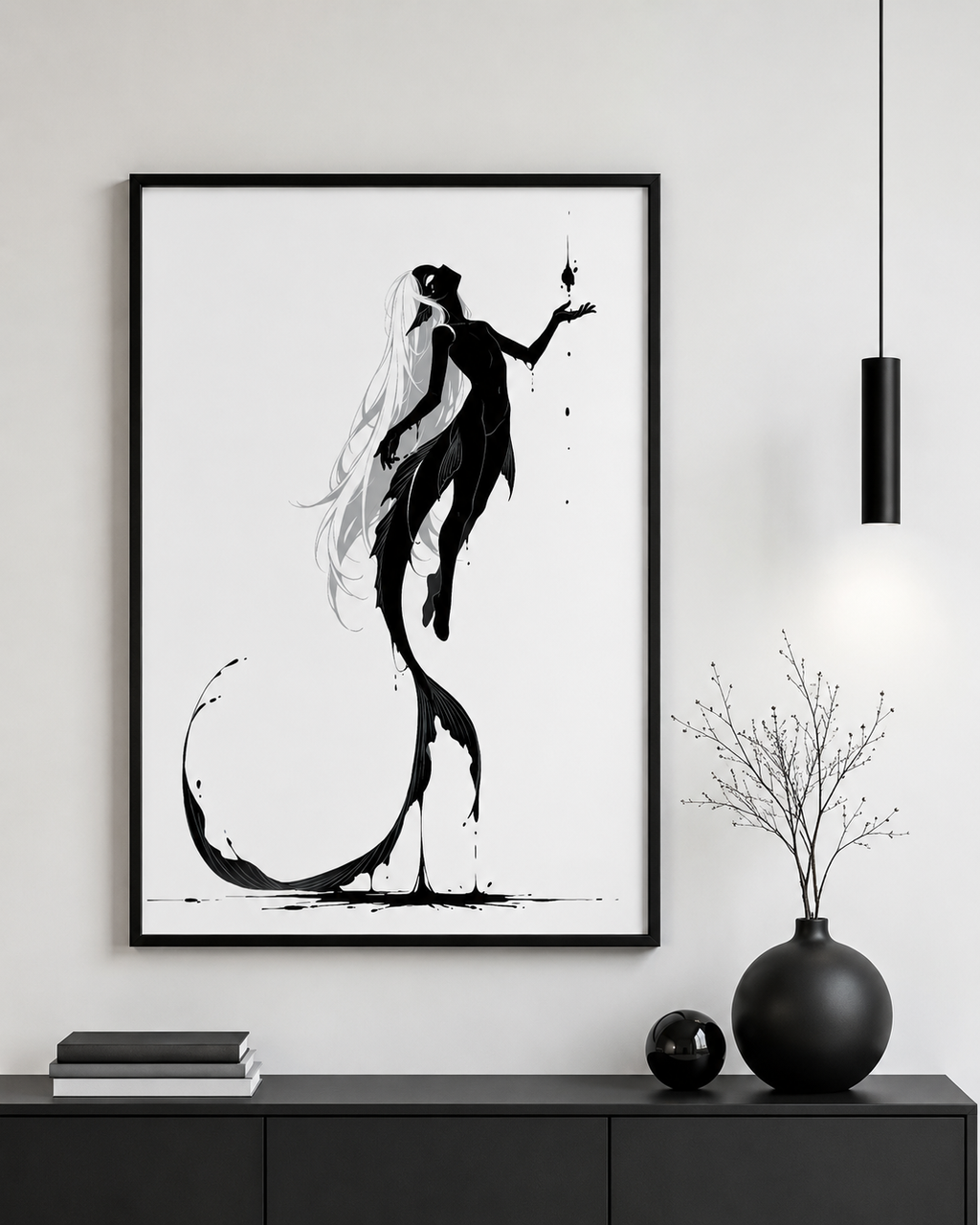 Affiche dark fantasy Sourdine, koï anthropomorphe noir et blanc flottant, bras tendu vers une goutte d'encre, longue nageoire, collection Les silences qu'on porte