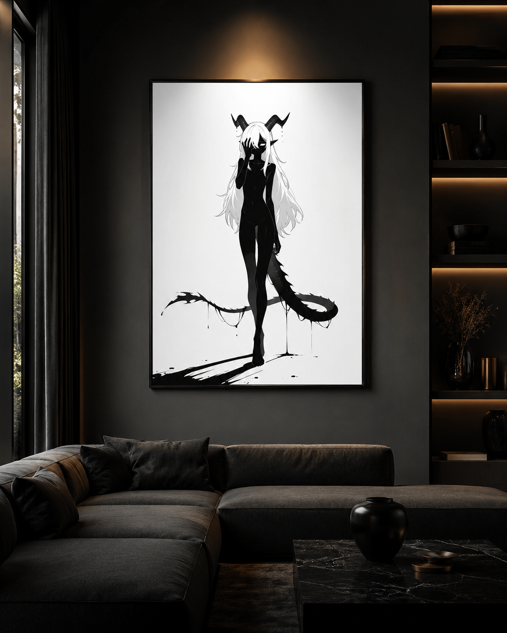 Affiche dark fantasy Vestigia, dragon anthropomorphe noir et blanc, main levée devant les yeux, cornes et queue épineuse, collection Les silences qu'on porte