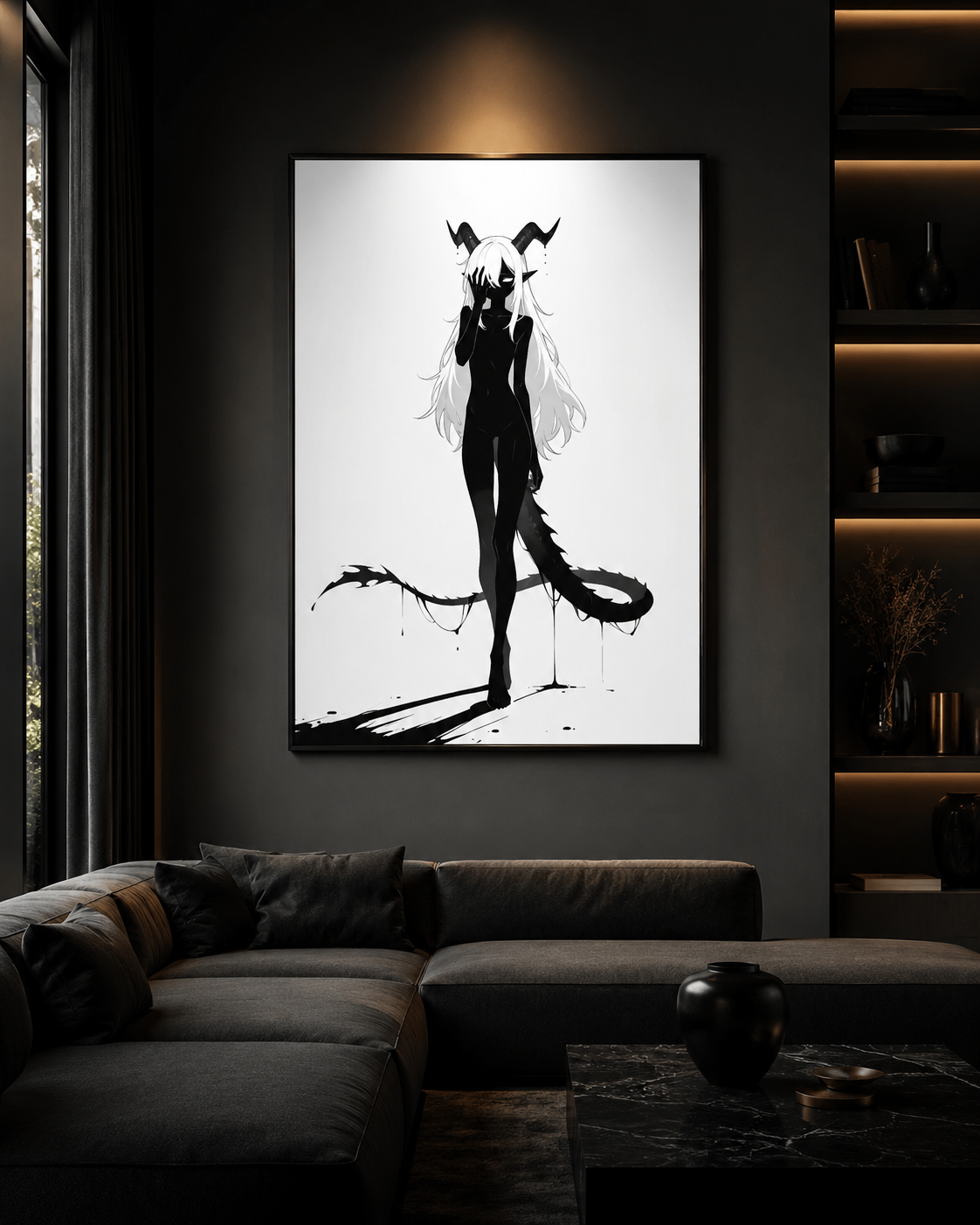 Affiche dark fantasy Vestigia, dragon anthropomorphe noir et blanc, main levée devant les yeux, cornes et queue épineuse, collection Les silences qu'on porte