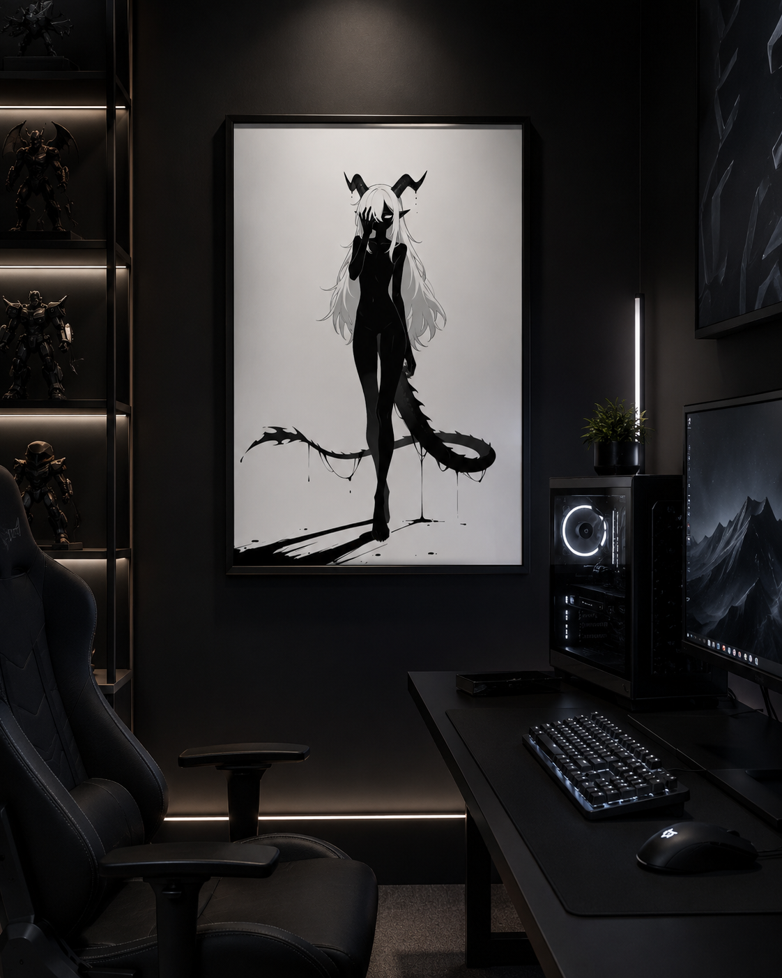 Affiche dark fantasy Vestigia, dragon anthropomorphe noir et blanc, main levée devant les yeux, cornes et queue épineuse, collection Les silences qu'on porte